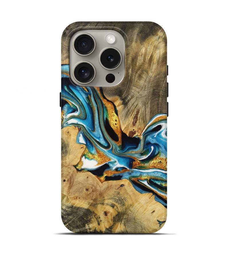 iPhone 16 Pro Wood Live Edge Phone Case - Dozier (Teal & Gold, 731421)