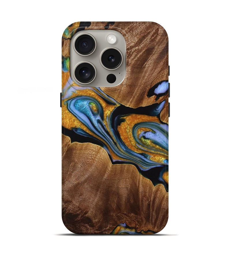 iPhone 16 Pro Wood Live Edge Phone Case - Jajuan (Teal & Gold, 731454)