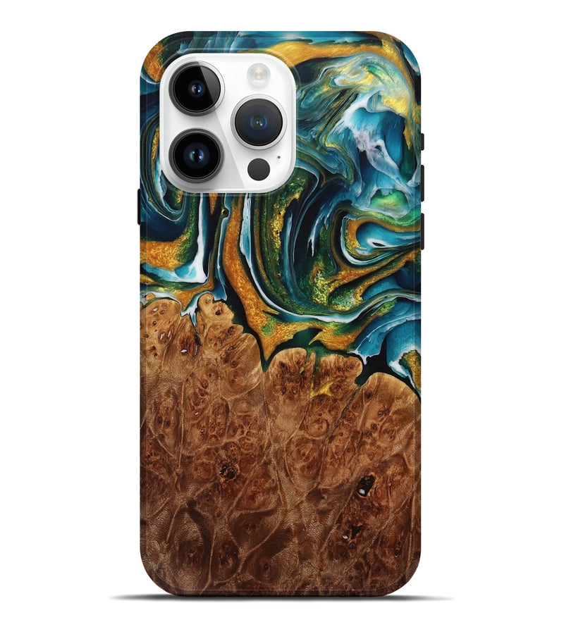 iPhone 15 Pro Max Wood Live Edge Phone Case - Pearla (Teal & Gold, 731455)