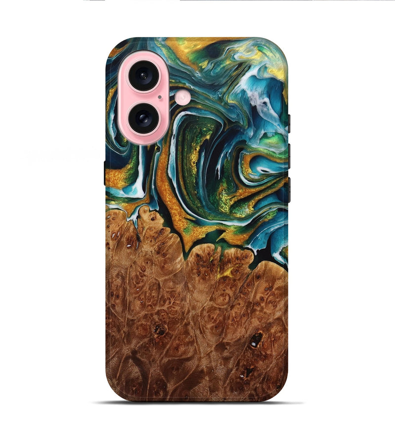 iPhone 16 Wood Live Edge Phone Case - Pearla (Teal & Gold, 731455)