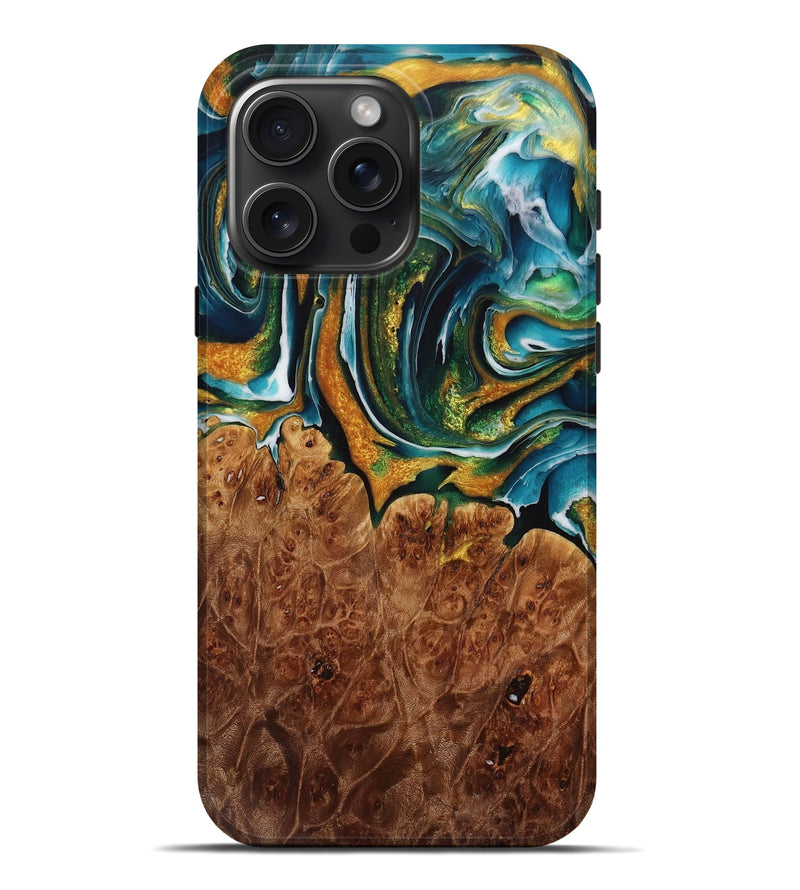 iPhone 16 Pro Max Wood Live Edge Phone Case - Pearla (Teal & Gold, 731455)