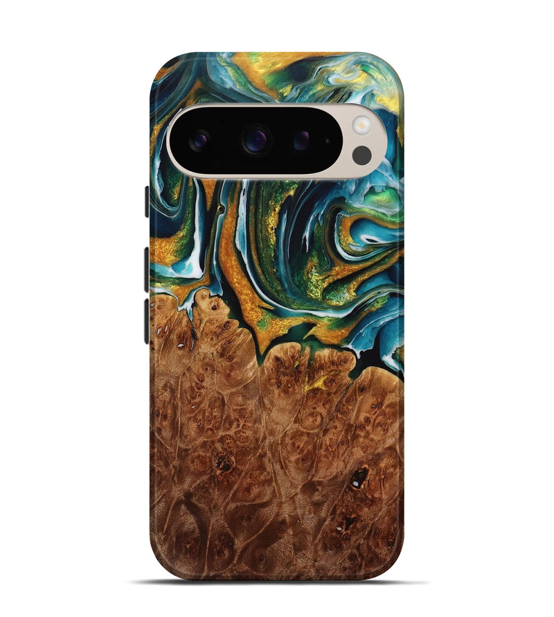 Pixel 9 Wood Live Edge Phone Case - Pearla (Teal & Gold, 731455)