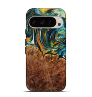 Pixel 9 Pro Wood Live Edge Phone Case - Pearla (Teal & Gold, 731455)