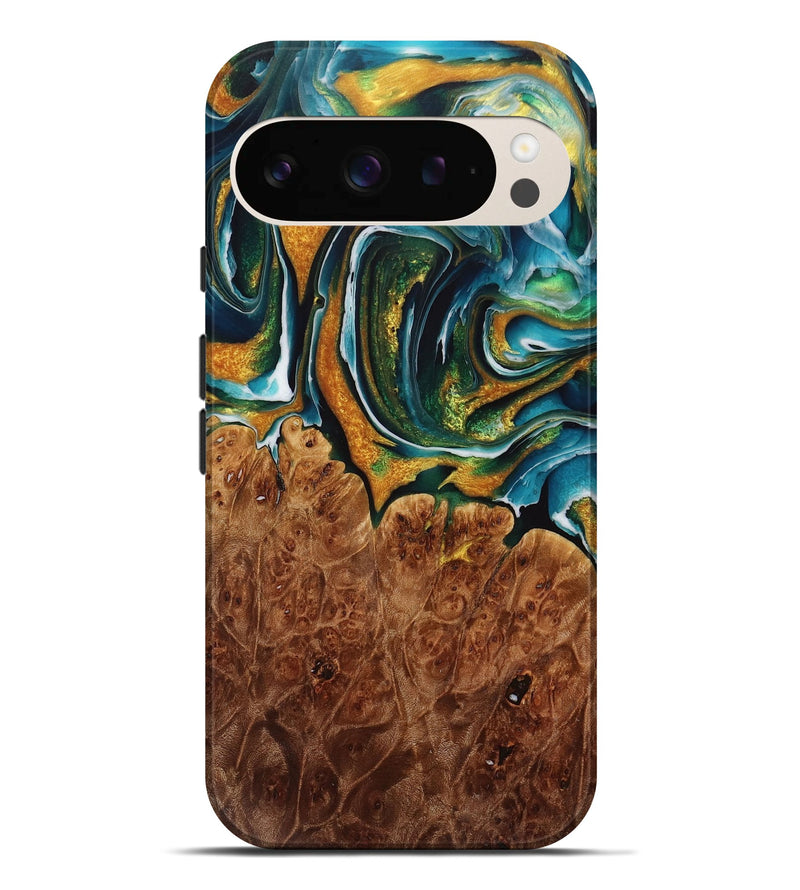 Pixel 9 Pro XL Wood Live Edge Phone Case - Pearla (Teal & Gold, 731455)