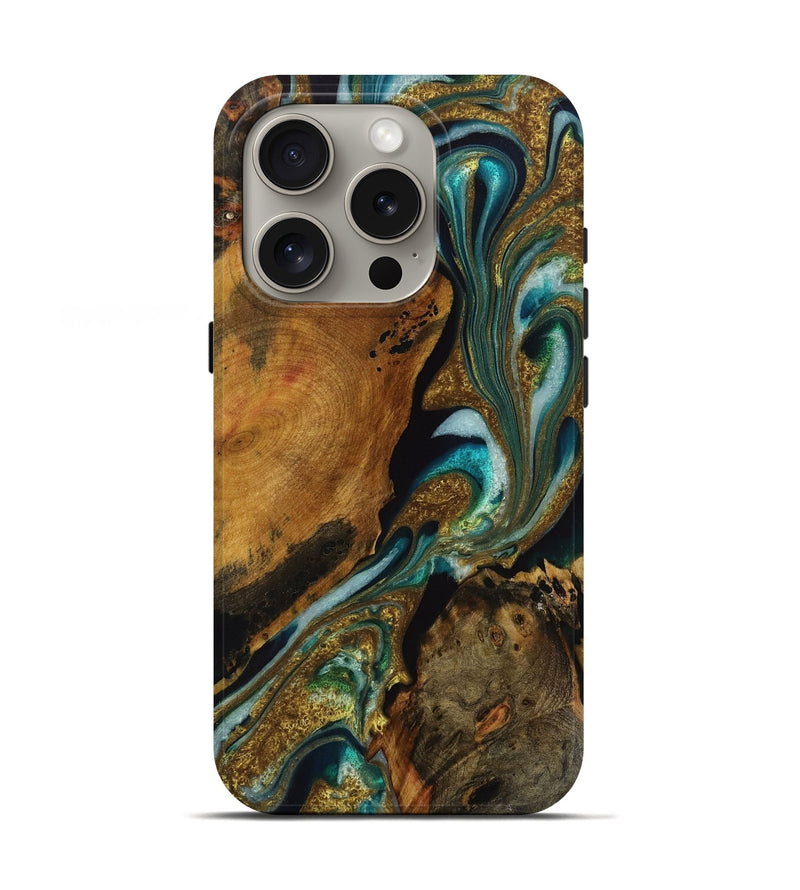 iPhone 16 Pro Wood Live Edge Phone Case - Trixy (Teal & Gold, 731462)