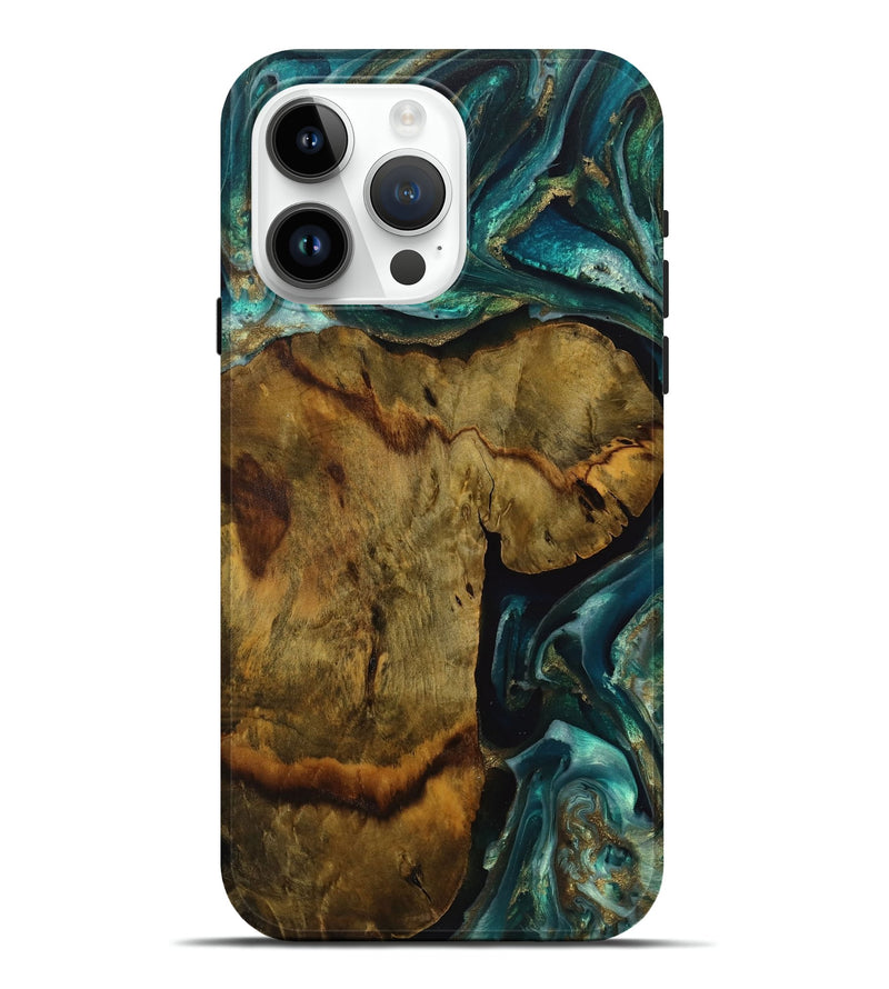 iPhone 15 Pro Max Wood Live Edge Phone Case - Yavar (Teal & Gold, 731463)