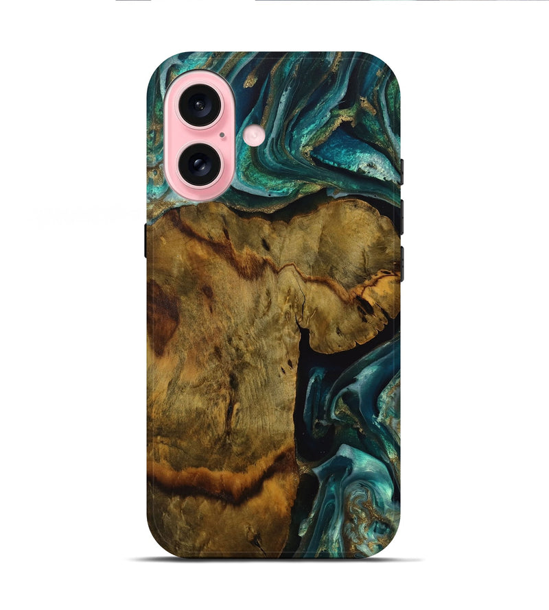 iPhone 16 Wood Live Edge Phone Case - Yavar (Teal & Gold, 731463)