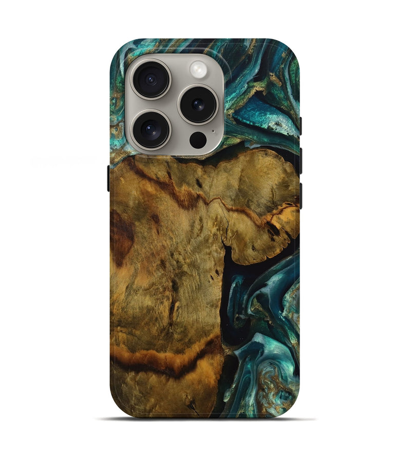 iPhone 16 Pro Wood Live Edge Phone Case - Yavar (Teal & Gold, 731463)