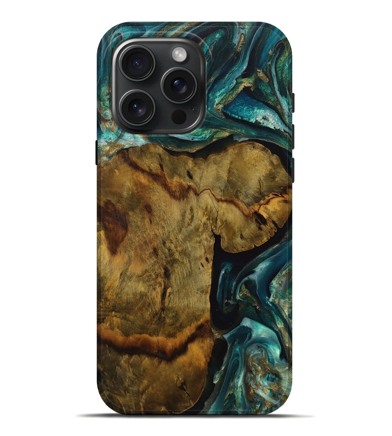 iPhone 16 Pro Max Wood Live Edge Phone Case - Yavar (Teal & Gold, 731463)