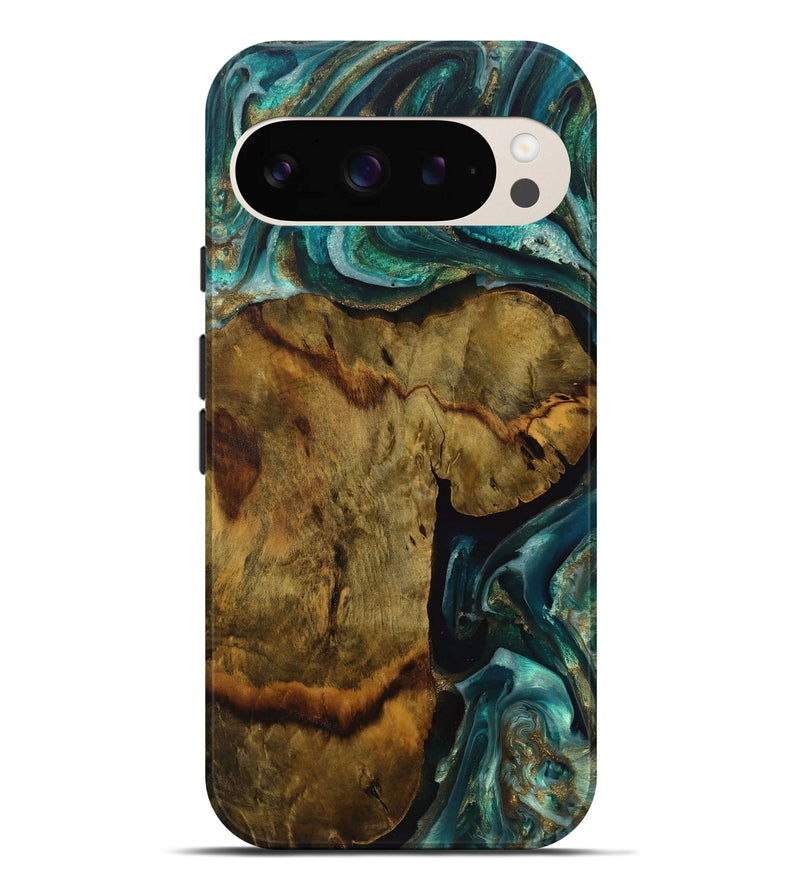 Pixel 9 Pro XL Wood Live Edge Phone Case - Yavar (Teal & Gold, 731463)