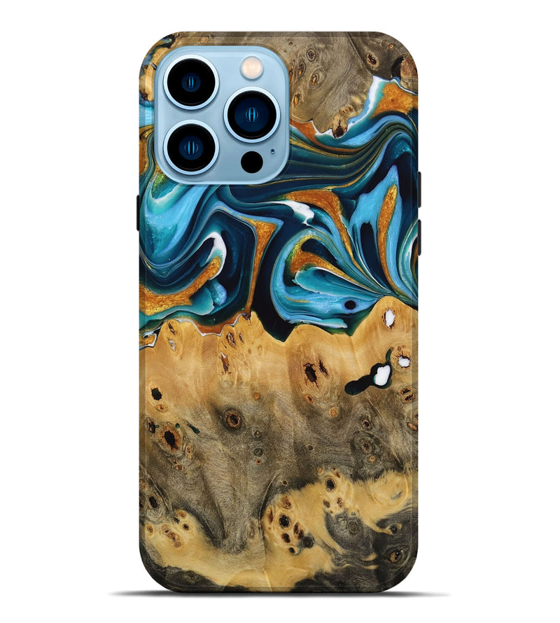 iPhone 14 Pro Max Wood Live Edge Phone Case - Jose (Teal & Gold, 731616)