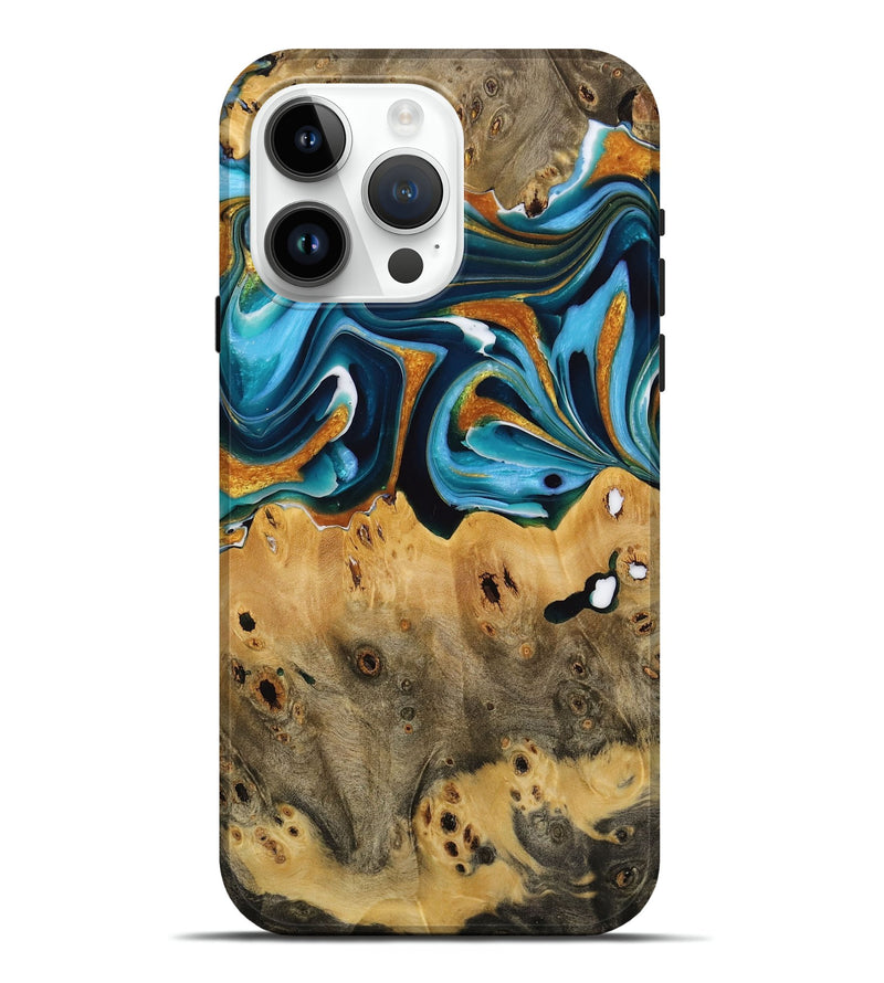 iPhone 15 Pro Max Wood Live Edge Phone Case - Jose (Teal & Gold, 731616)