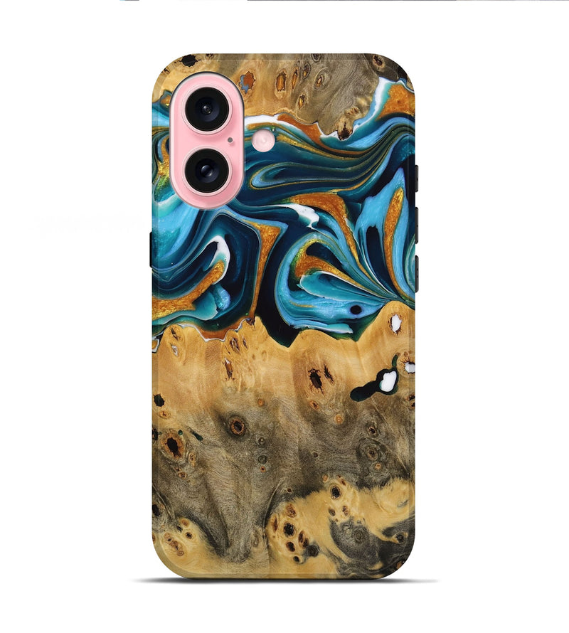 iPhone 16 Wood Live Edge Phone Case - Jose (Teal & Gold, 731616)