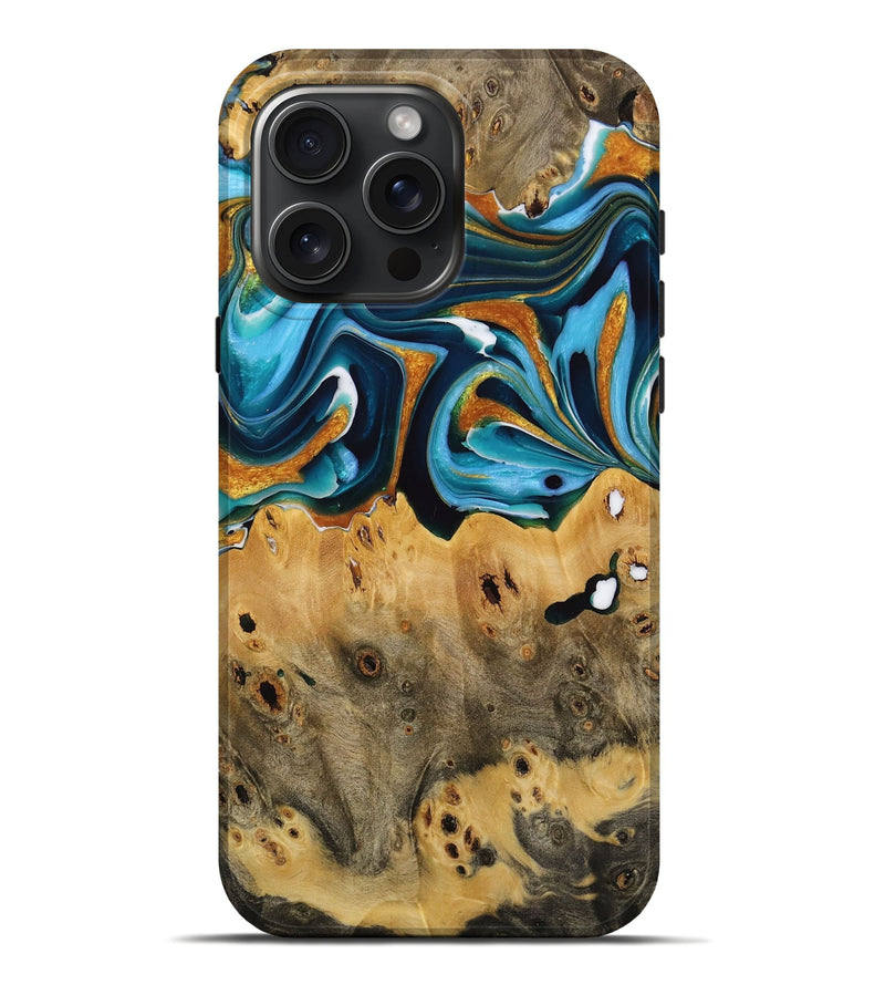 iPhone 16 Pro Max Wood Live Edge Phone Case - Jose (Teal & Gold, 731616)