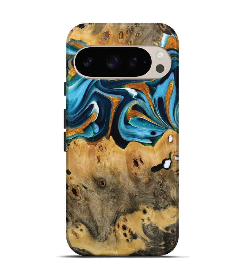 Pixel 9 Wood Live Edge Phone Case - Jose (Teal & Gold, 731616)