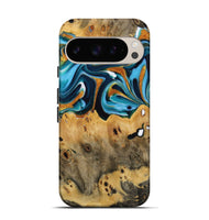 Pixel 9 Pro Wood Live Edge Phone Case - Jose (Teal & Gold, 731616)