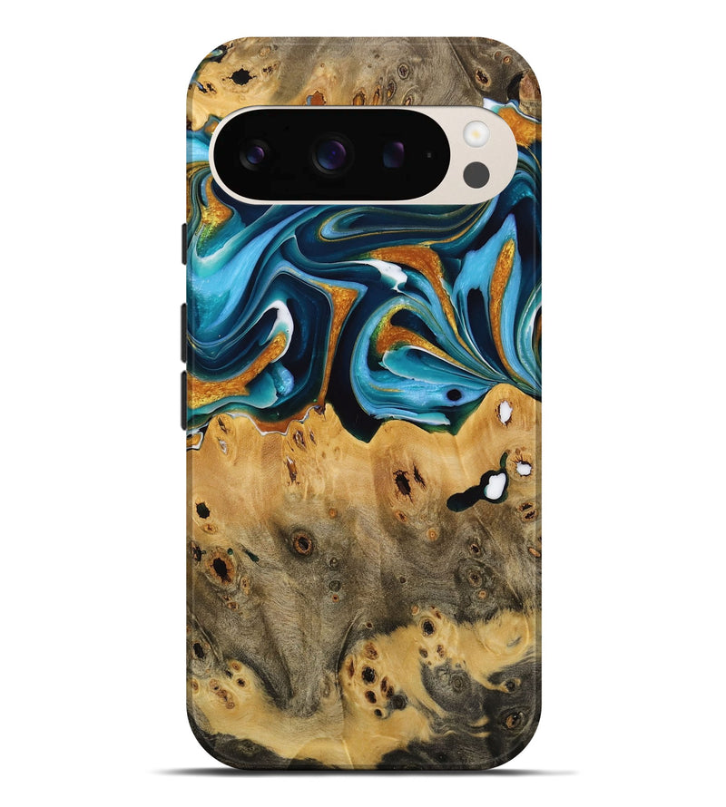 Pixel 9 Pro XL Wood Live Edge Phone Case - Jose (Teal & Gold, 731616)