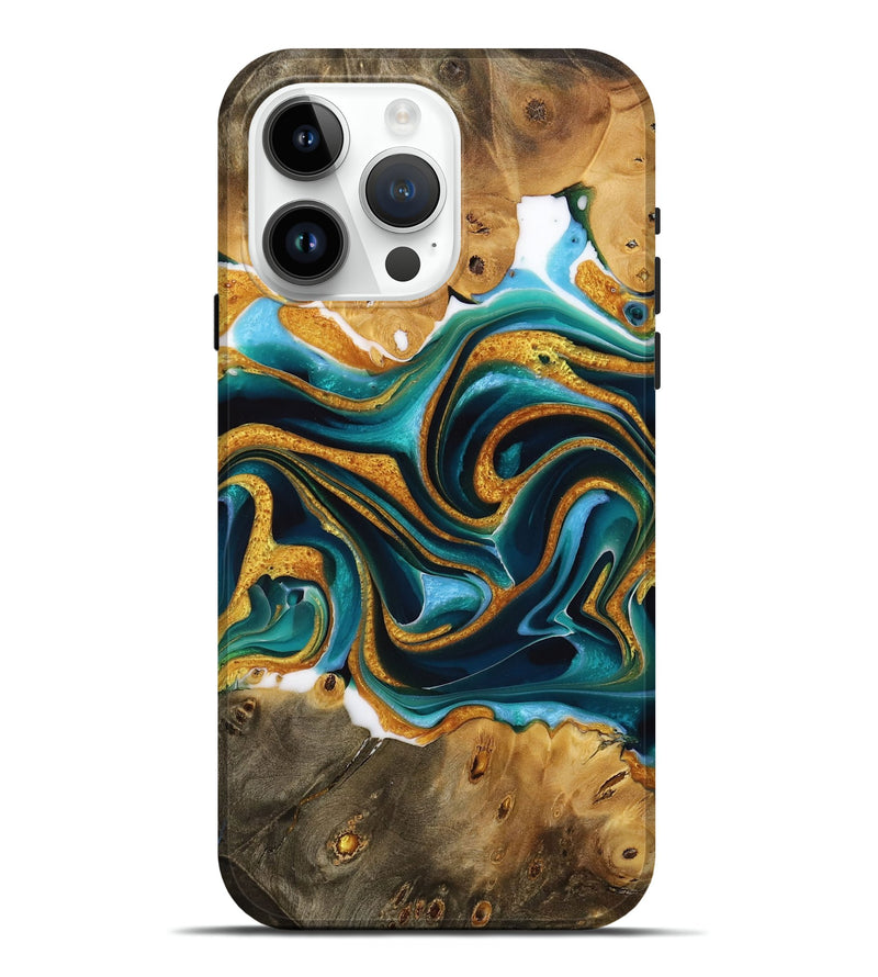 iPhone 15 Pro Max Wood Live Edge Phone Case - Alvina (Teal & Gold, 731624)