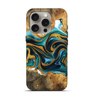 iPhone 16 Pro Wood Live Edge Phone Case - Alvina (Teal & Gold, 731624)