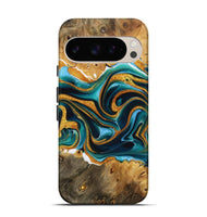 Pixel 9 Pro Wood Live Edge Phone Case - Alvina (Teal & Gold, 731624)