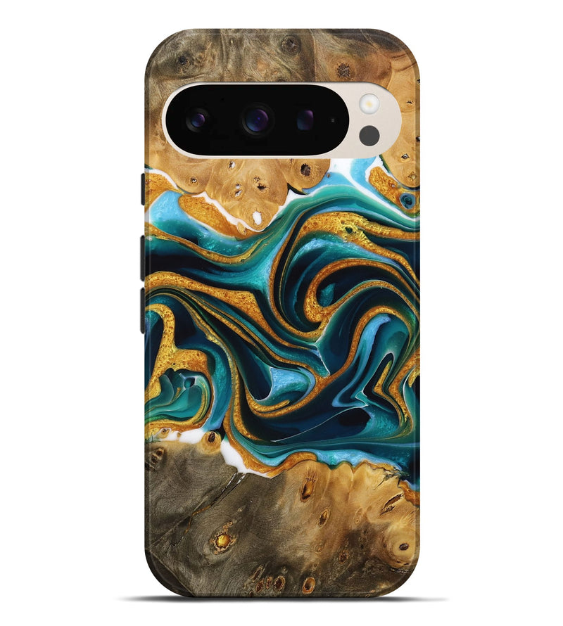 Pixel 9 Pro XL Wood Live Edge Phone Case - Alvina (Teal & Gold, 731624)