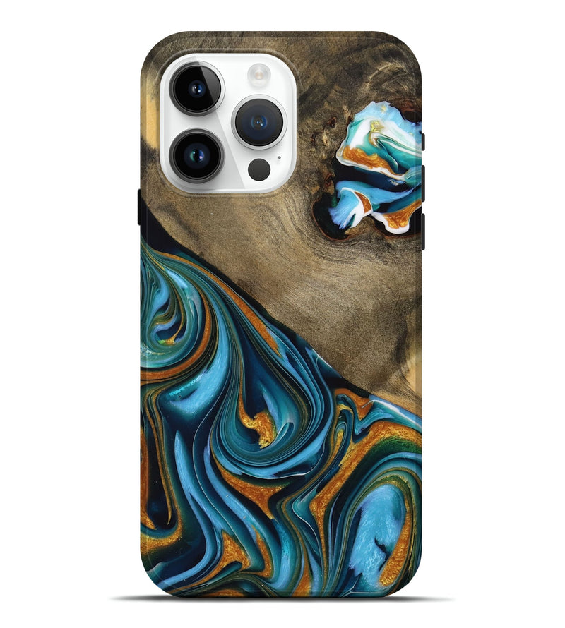 iPhone 15 Pro Max Wood Live Edge Phone Case - Viole (Teal & Gold, 731632)