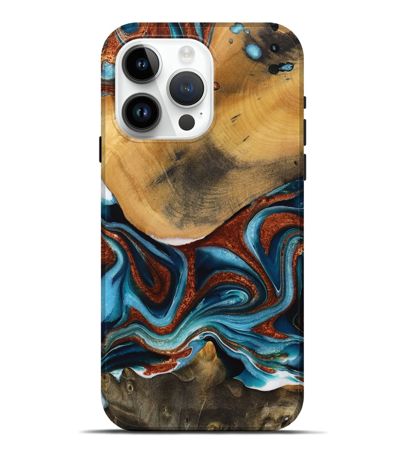 iPhone 15 Pro Max Wood Live Edge Phone Case - Garett (Teal & Gold, 731638)