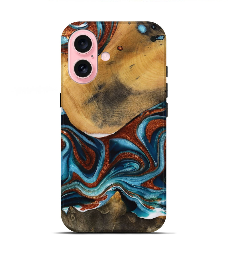 iPhone 16 Wood Live Edge Phone Case - Garett (Teal & Gold, 731638)