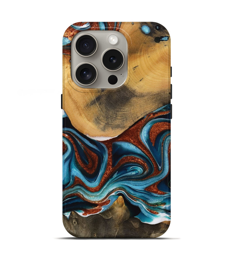 iPhone 16 Pro Wood Live Edge Phone Case - Garett (Teal & Gold, 731638)