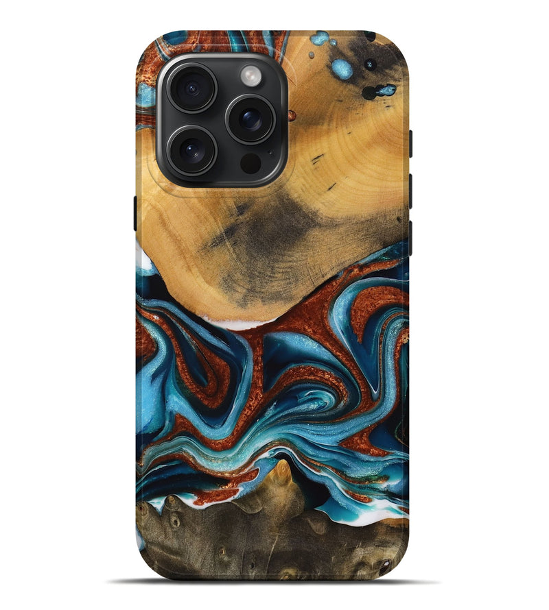 iPhone 16 Pro Max Wood Live Edge Phone Case - Garett (Teal & Gold, 731638)