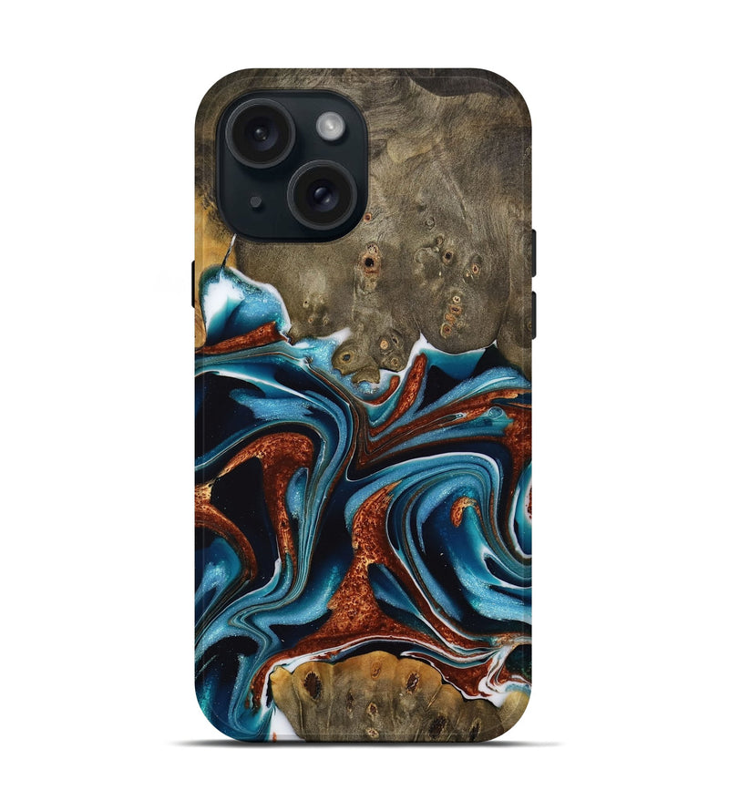 iPhone 15 Wood Live Edge Phone Case - Carlie (Teal & Gold, 731643)