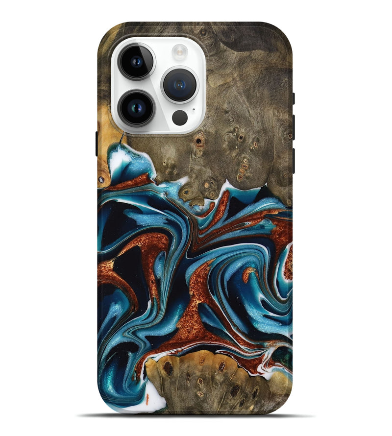 iPhone 15 Pro Max Wood Live Edge Phone Case - Carlie (Teal & Gold, 731643)