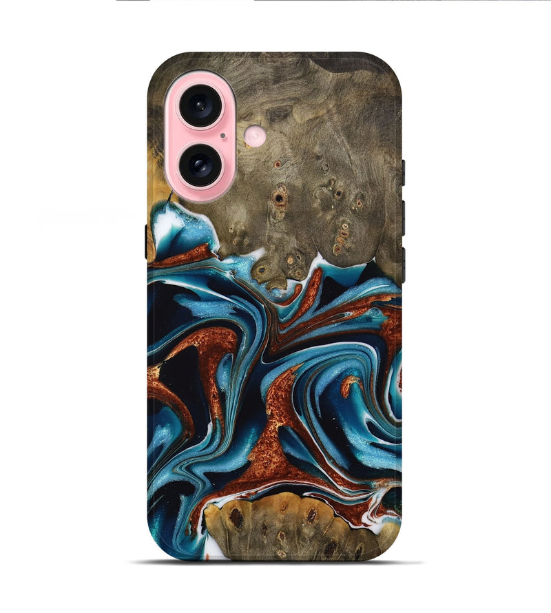 iPhone 16 Wood Live Edge Phone Case - Carlie (Teal & Gold, 731643)