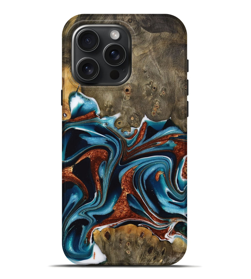 iPhone 16 Pro Max Wood Live Edge Phone Case - Carlie (Teal & Gold, 731643)