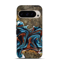 Pixel 9 Pro Wood Live Edge Phone Case - Carlie (Teal & Gold, 731643)