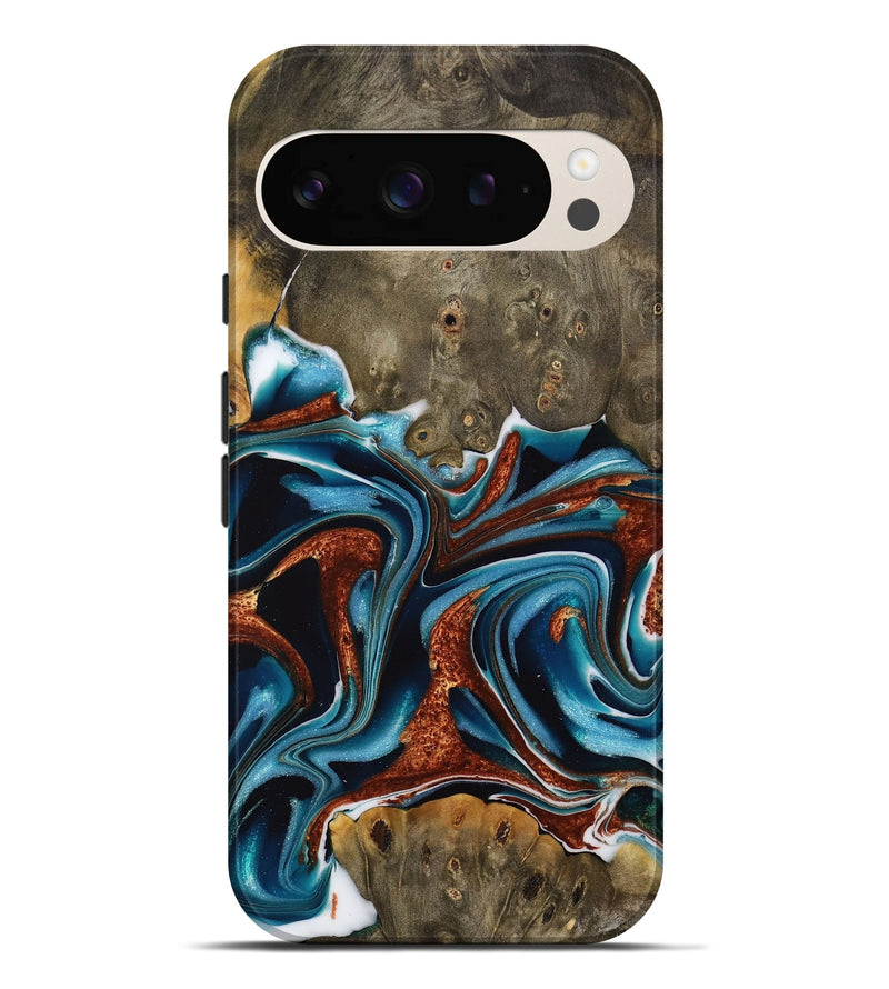 Pixel 9 Pro XL Wood Live Edge Phone Case - Carlie (Teal & Gold, 731643)