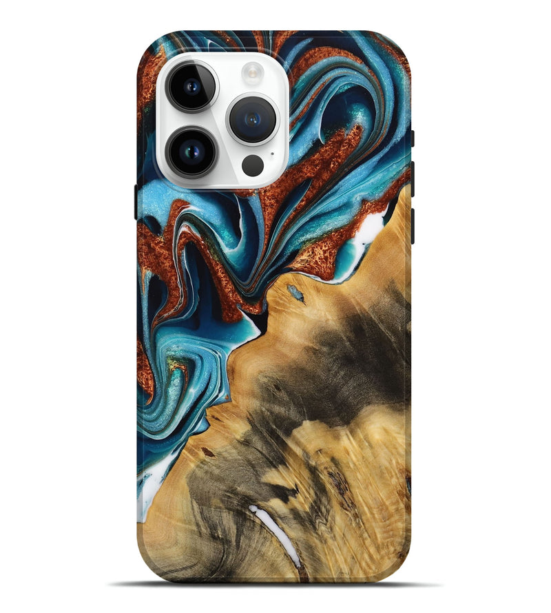 iPhone 15 Pro Max Wood Live Edge Phone Case - Brooke (Teal & Gold, 731646)