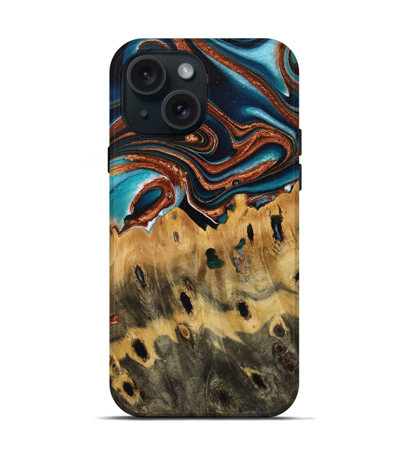 iPhone 15 Wood Live Edge Phone Case - Lesley (Teal & Gold, 731651)