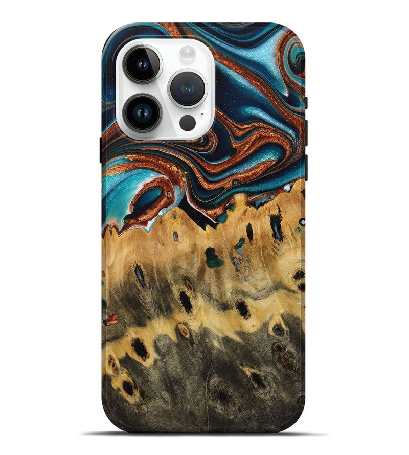 iPhone 15 Pro Max Wood Live Edge Phone Case - Lesley (Teal & Gold, 731651)