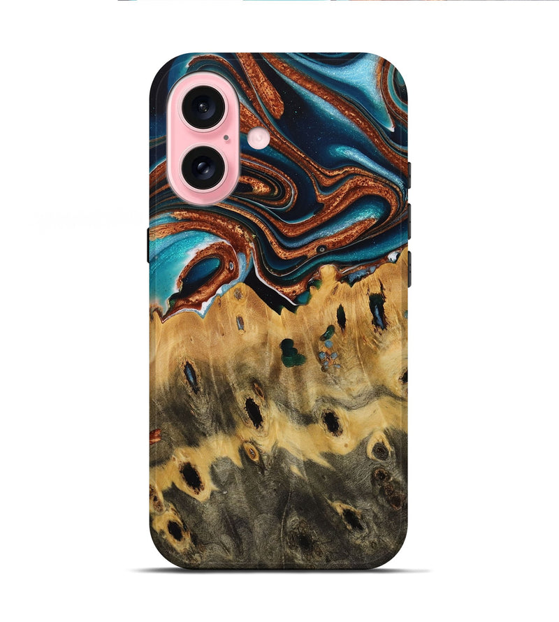 iPhone 16 Wood Live Edge Phone Case - Lesley (Teal & Gold, 731651)