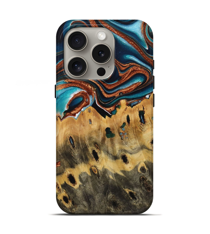 iPhone 16 Pro Wood Live Edge Phone Case - Lesley (Teal & Gold, 731651)