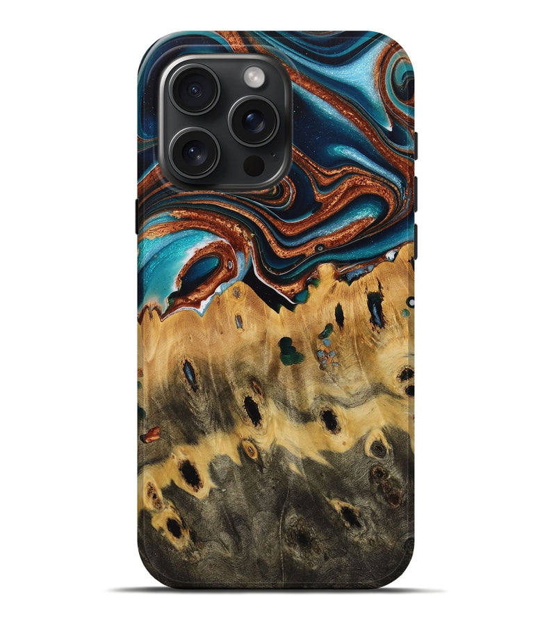 iPhone 16 Pro Max Wood Live Edge Phone Case - Lesley (Teal & Gold, 731651)