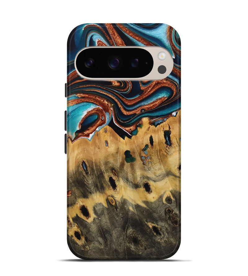 Pixel 9 Wood Live Edge Phone Case - Lesley (Teal & Gold, 731651)