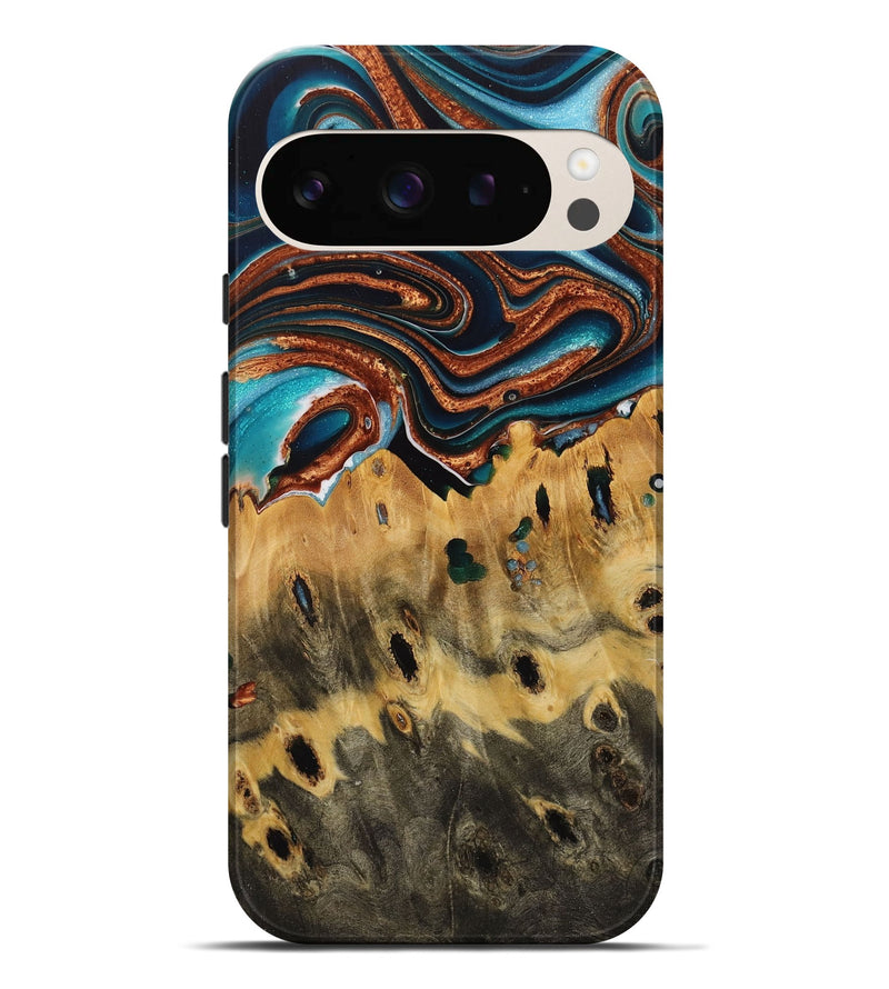 Pixel 9 Pro XL Wood Live Edge Phone Case - Lesley (Teal & Gold, 731651)