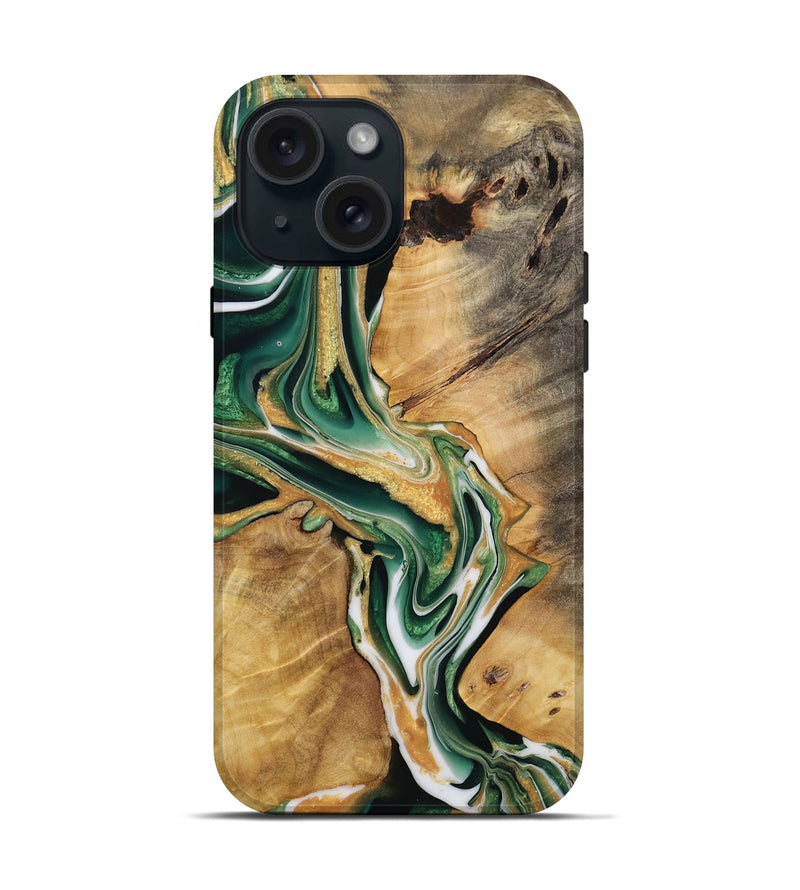 iPhone 15 Wood Live Edge Phone Case - Frinel (Green, 731653)