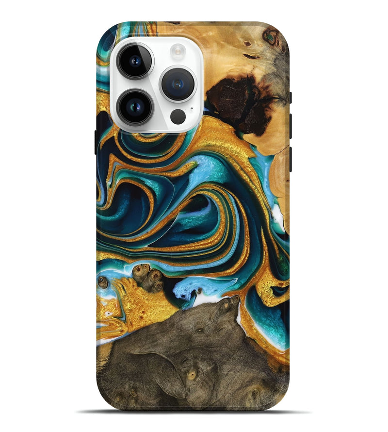 iPhone 15 Pro Max Wood Live Edge Phone Case - Manley (Teal & Gold, 731655)