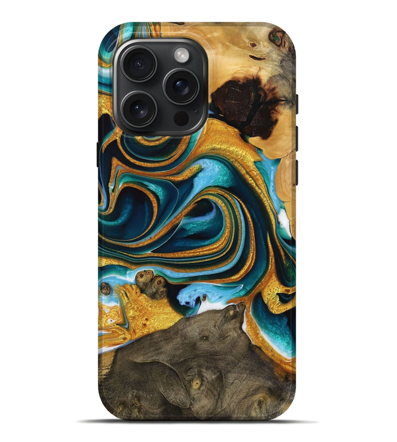 iPhone 16 Pro Max Wood Live Edge Phone Case - Manley (Teal & Gold, 731655)