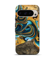 Pixel 9 Pro Wood Live Edge Phone Case - Manley (Teal & Gold, 731655)