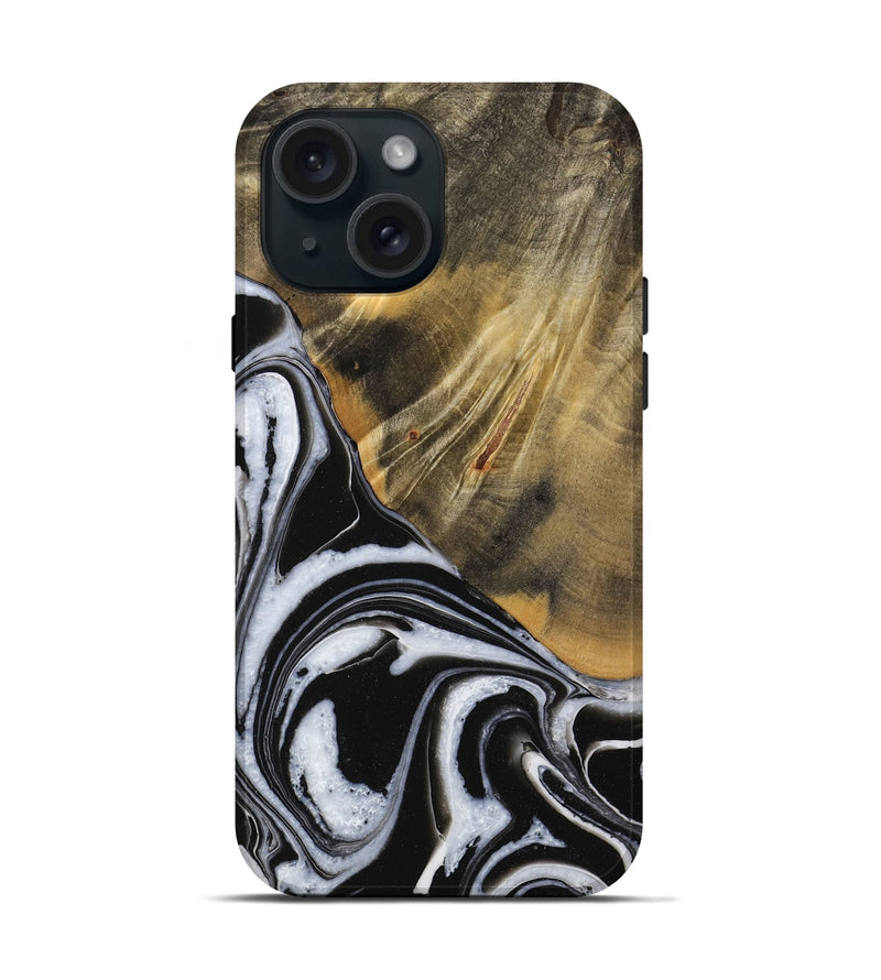 iPhone 15 Wood Live Edge Phone Case - Lakesha (Black & White, 731658)