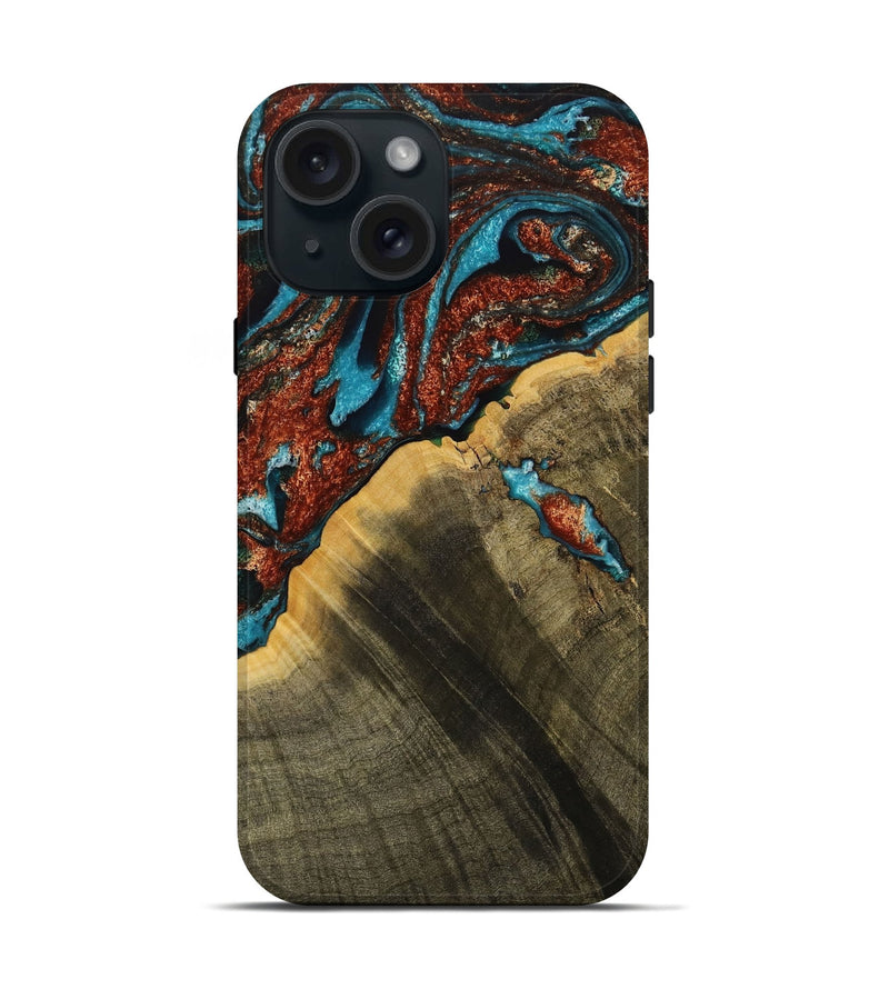 iPhone 15 Wood Live Edge Phone Case - Luciana (Teal & Gold, 731669)